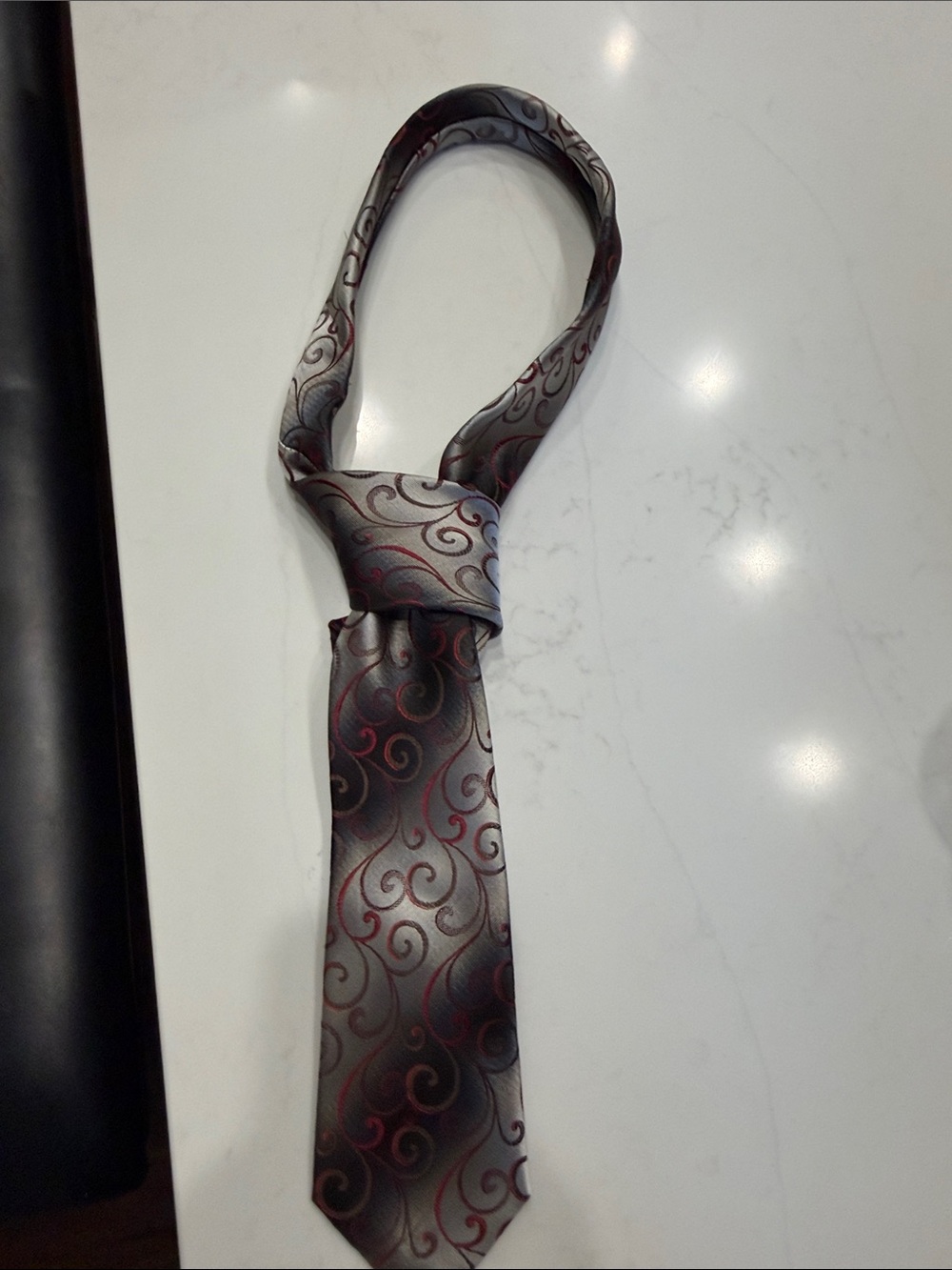 Van Heusen Gray Tie with Red Scroll Pattern